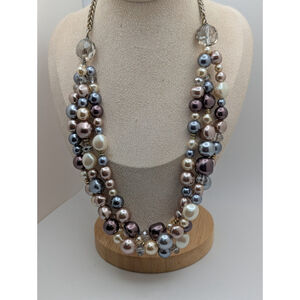 Vintage Faux Pearls Necklace Triple Layer Beaded Crystals Silver Tone Elegant